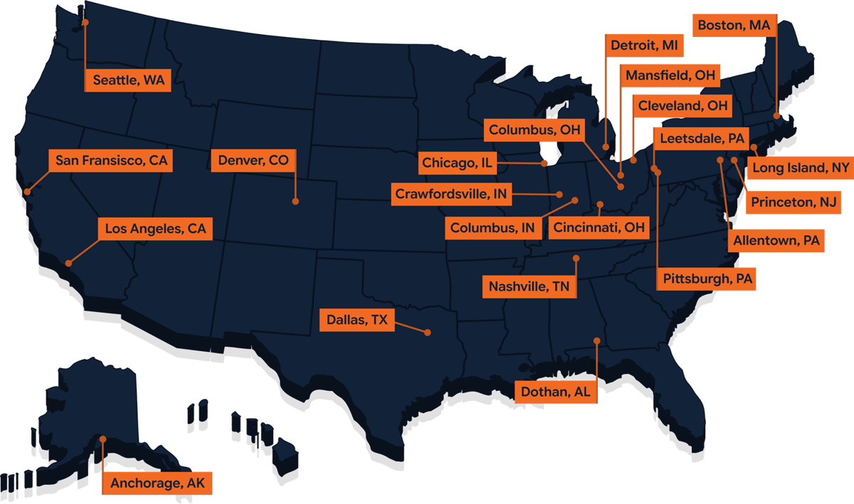 United States map showing locations of current and previous clients
