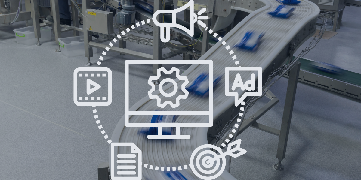 Manufacturing conveyor with digital marketing icons.